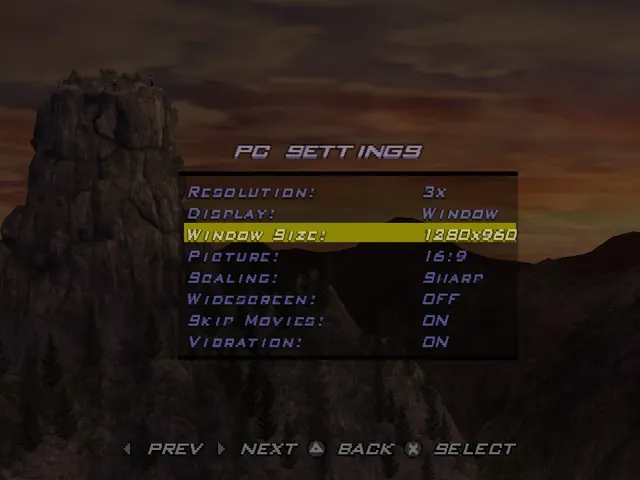 The PC SETTINGS menu: resolution, display, window size, picture, scaling, widescreen, skip movies and vibration.