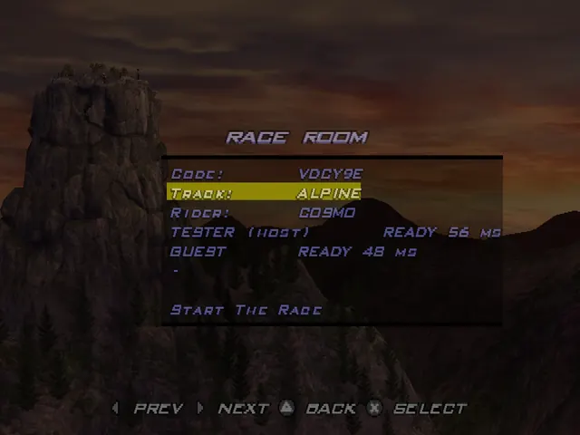 An online race room showing a join code, the track, the rider, and two players marked ready with their ping.