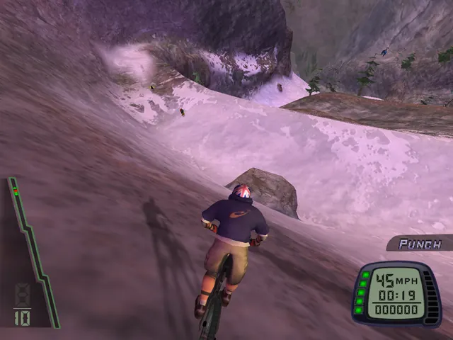 A rider at 45 mph on a snowy mountain trail.
